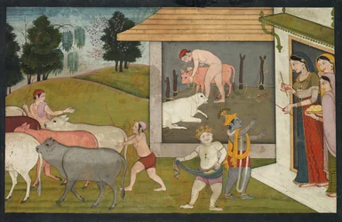 Krishna ja Lakshmana vievät karjan laiduntamaan, sivu Bhagavata Puranalta, n. 1780-1790.