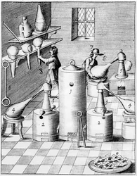 Kullan ja hopean jalostuslaboratorio tyypillisine laboratoriovälineineen, 1683