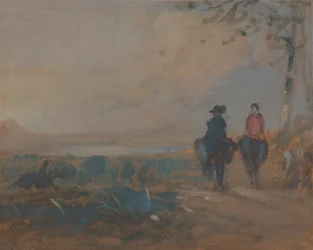 Maisema järven ja kahden hahmon ratsastusta, n. 1820.