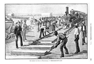 Pysyvän ratapölkkyjen ja kiskojen asettaminen Transvaal-rautatielle, Etelä-Afrikka, 1893