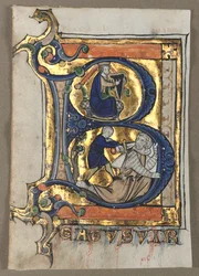 Psalterista leikattu lehti: Alkukirja B kuningas Daavidin kanssa, n. 1260.