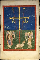 Lehti Beatus-käsikirjoituksesta: Karitsa ristin juurella, reunustaa kaksi enkeliä..., c1180.