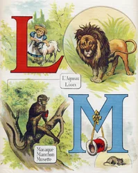 Kirjain L ja M: lammas ja leijona, makaki, hiha ja musette. Kaiverrus "ABC L