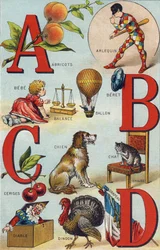 Kirjaimet A B C D; Aprikoosit; Harlekiini; Saldo; Ilmapallo; Bebe; Kirsikat; kissan tuoli; Koira; Viltti; Paholainen; Turkki; Lippu. Kaiverrus "Alphabet de ma petite fille". Bernardin-Bechet ja Fils, kirjakauppias-kustantajat, Pariisi, noin 1895. Rikkoutum