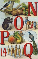 Kirjaimet N O P Q; pesä; hasselpähkinät; posetiivi; karhu; riikinkukko; perhonen; omena; päärynä; kulhot. Kaiverrus teoksessa ”Alphabet de ma petite fille”. Bernardin-Béchet et Fils, kirjakauppiaat ja kustantajat, Pariisi, noin 1895. Särkymätön
