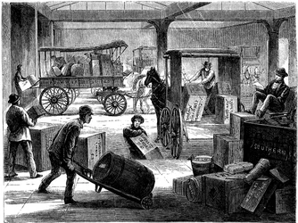 Hevosvetoisten pakettiautojen lastaus Wells Fargon päätoimistossa, New Yorkissa, USA:ssa, 1875