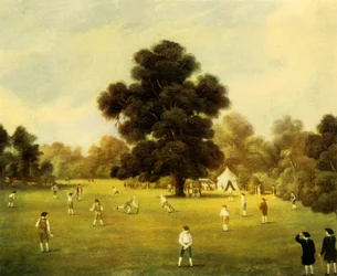 "Surreyn ja Kentin herrat ja herrat pelaamassa krikettiä Knole Parkissa, Kentissä, 1775", 1947.
