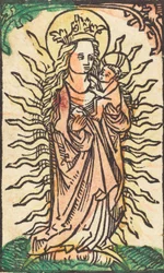 Madonna ja lapsi loistossa seisovat puolikuussa, 14701480.
