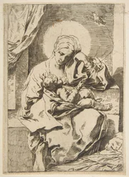 Madonna ja lapsi linnun kanssa, kopio käänteisesti Cantarinin jälkeen, n. 1635-1636 tai sen jälkeen.