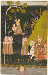Maharaja Abhai Singh, ratsastaja, katsomassa tyttöjä keinumassa Teej-festivaaleilla, n. 1740.