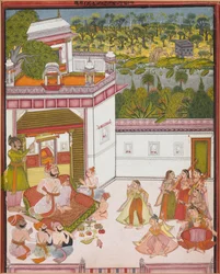 Kotahin Maharaja kuuntelee musiikkia ja katselee tanssijoita, n. 1820.
