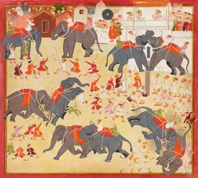 Maharana Raj Singh tarkkailee norsutaistelua, n. 1670-1675.