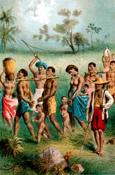 Arabien orjakauppiaiden orjuuteen ajamat mies-, nais- ja lapsivangit, v. 1875