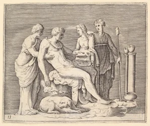 Mies, mukana kolme naista, julkaistu n. 1599-1622.