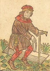 Mies kävelee kohti hautaa, n. 1495.