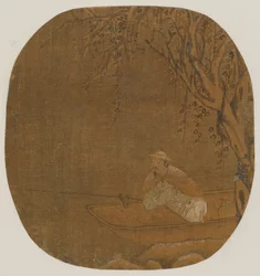 Mies kalastamassa veneestä puun alla, mahdollisesti Ming-dynastia, 1368-1644.