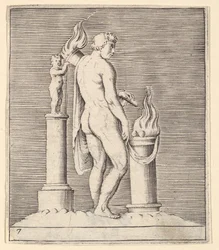 Mies soihdun kanssa liekehtivän alttarin ja patsaan välissä, julkaistu n. 1599-1622.