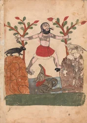 Ihmisen kohtalo tai mies, joka turvautuu lohikäärmeen asuttamaan kaivoon, Folio..., 1700-luku.
