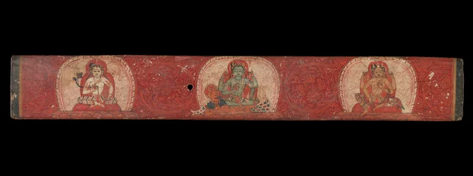 Käsikirjoituksen kansi Vishnun kanssa Lakshmin ja Sarasvatin tukemana, 1300-luku.