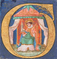 Käsikirjoitus valaistuksen kanssa Saint Trudo Trondin kanssa O:ssa, kuorokirjasta, 1400-luku.