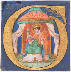 Käsikirjoitus valaistuksen kanssa Saint Trudo Trondin kanssa O:ssa, kuorokirjasta, 1400-luku.