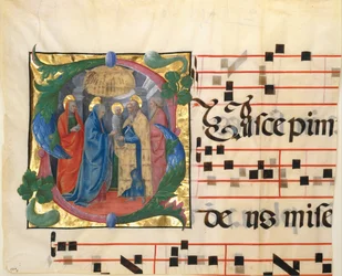 Käsikirjoitusilluminaatio, jossa Jeesuksen tuominen temppeliin on kuvattu S-alkukirjaimessa, graduaalista, 1450-60.