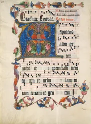 Käsikirjoituslehti alkukirjaimella A, antifonaarista, saksa, n. 1425-50.