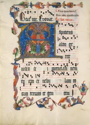 Käsikirjoituslehti alkukirjaimella A, antifonaarista, n. 1425-50.