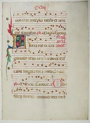 Käsikirjoituksen lehti alkukirjaimella L, antifonaarista, italialainen, 1400-luku.