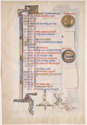 Käsikirjoituslehti kesäkuun kalenterilla, kuninkaallisesta psalterista, 1200-luku.