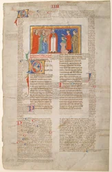 Käsikirjoituslehti, jossa on avioliittokohtaus, teoksesta Decretals of Gregory IX, italia, n. 1300.