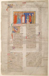 Käsikirjoituslehti, jossa on avioliittokohtaus, teoksesta Decretals of Gregory IX, n. 1300.