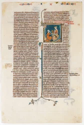Käsikirjoituslehti Nehemian kirjan avauksella, Raamatusta, n. 1280-1300.