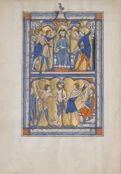 Käsikirjoituslehti, jossa Kristuksen pilkkaaminen ja liputtaminen, kuninkaallisesta psalterista, 1200-luku.