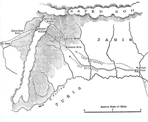 Kartta, jossa näkyy kenraali Robertsin marssi Peiwar Kotaliin 28. marraskuuta - 1. joulukuuta 1878, c1880