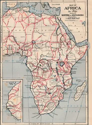 Afrikan kartta vuonna 1891, joka näyttää tutkimusmatkailijoiden reitit