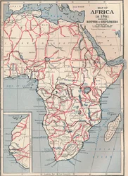 Afrikan kartta vuonna 1891, joka näyttää tutkimusmatkailijoiden reitit, 1906