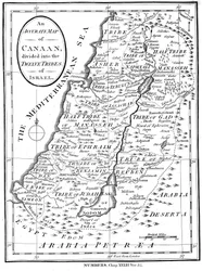 Kanaanin kartta jaettuna Israelin kahdentoista heimon kesken, noin 1830