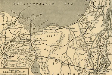 Kartta Turkin hyökkäyksestä Suezin kanavalle, Egypti, ensimmäinen maailmansota, 1915, c1920.