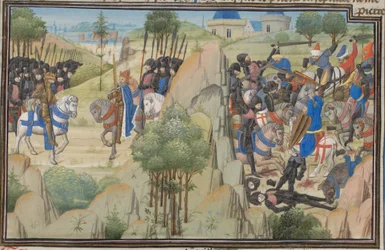 Saksalaisen Conrad III:n ja Ranskan Ludvig VII:n tapaaminen. Vilhelmin Tyroksen pienoismalli Historiasta, 1460-luku