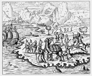 Kauppiaat kuljettavat tavaroita rannikolle ja odottava alus kamelilla, 1575
