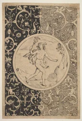 Mercury koristeellisessa kehyksessä groteskeilla, n. 1600-1630.