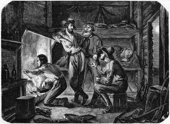 Kaivostyöläiset Kalifornian kultakentillä rentoutumassa hirsimökissään yöllä 1853