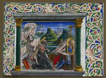 Käsikirjoituksesta leikattu miniatyyri: St. Jerome in the Wilderness, n. 1500.