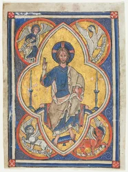 Psalterista leikattu miniatyyri: Kristus Majesteetissa neljän evankelistan symboleilla, n. 1235.