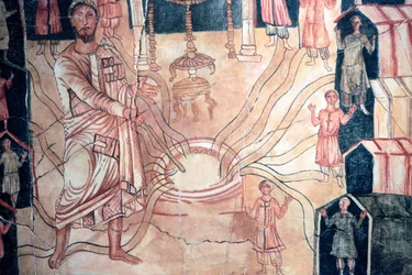 Moise au puits de Meriba - Maalaus Dura Europos synagogasta. 3. vuosisadalla jKr. New Yorkin juutalainen museo.