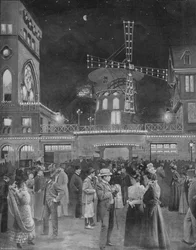 Montmartre S huvittaa Moulin Rougen uloskäyntiä, 1900