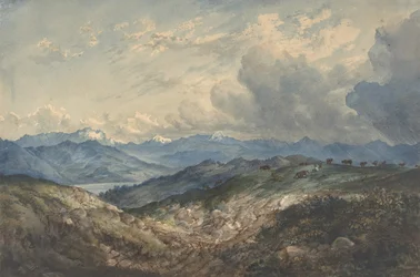 Vuoristoinen maisema lähestyvästä ukkosmyrskystä, 1800-luku.