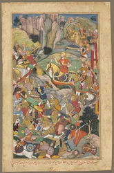 Mughalin hallitsija Humayun voitti afgaanit ennen Intian valloitusta, folio Akbar-nama-kirjasta