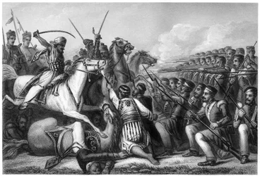 Kapinan ratsuväki hyökkää jalkaväen aukiolle Cawnporen taistelussa, 1857, c1860
